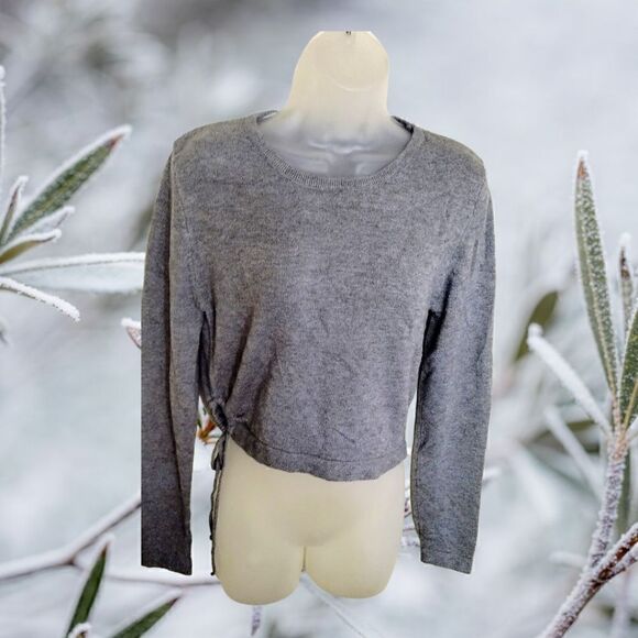 SHEIN Gray CropTop Brushed Knit Sweater Lg Long Sleeve TIE Ruched TIE-SIDE - Picture 1 of 5